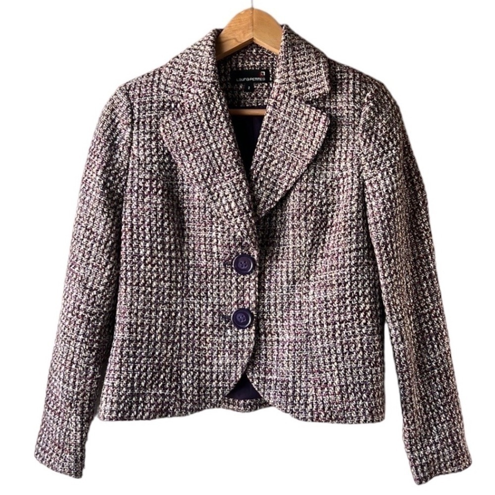 LAURA PETITES Purple Bouclé Wool Blend Knit Two Button Closure Blazer Size 2